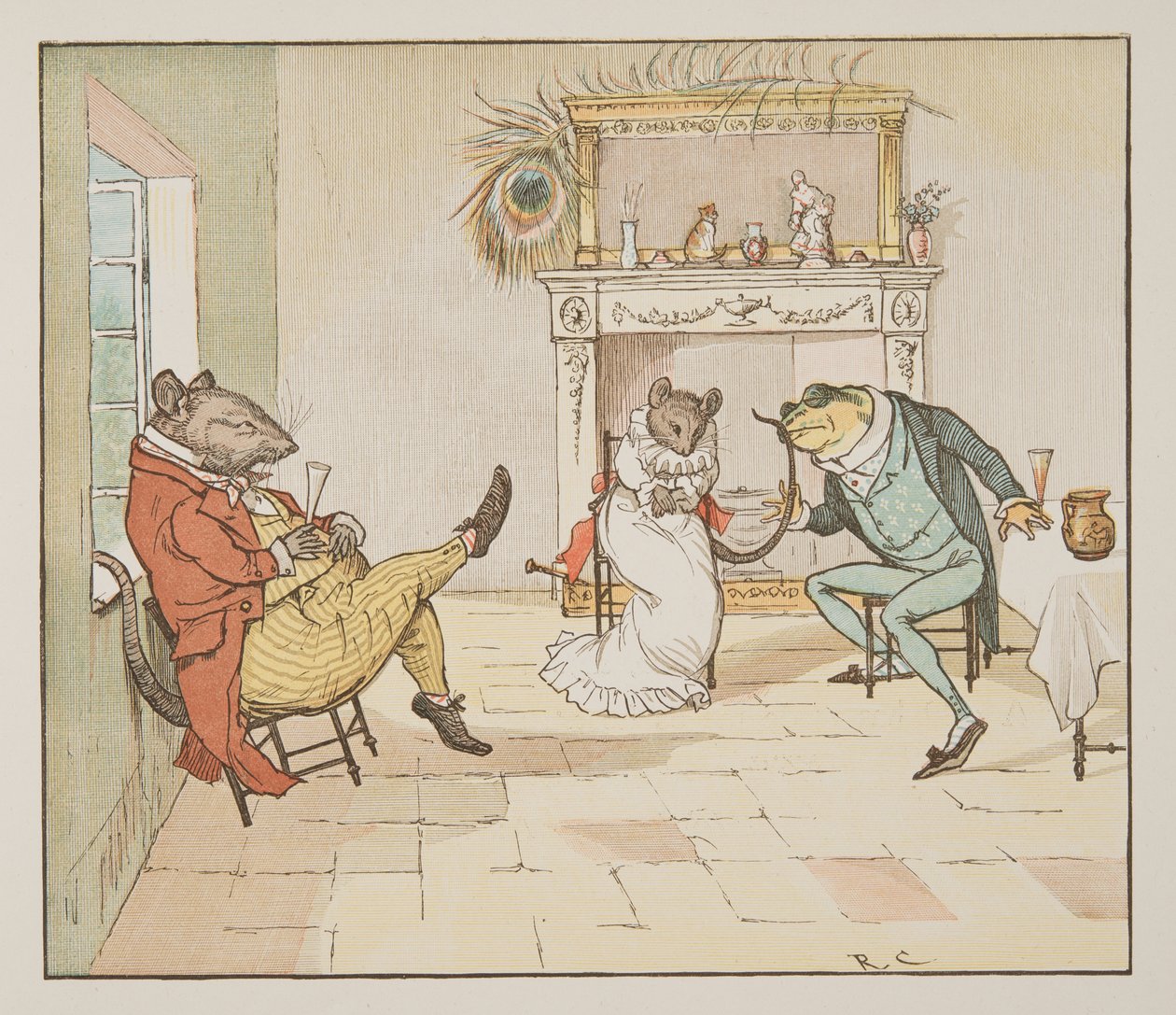 "Bid, meneer Kikker, wilt u ons een liedje geven?", uit The Hey Diddle Diddle Picture Book, pub.1882 door Randolph Caldecott
