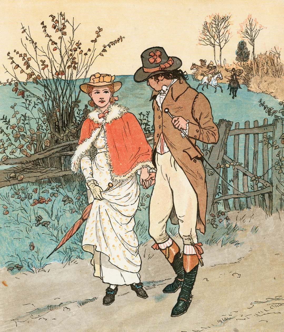 De jacht (kleurenlitho) door Randolph Caldecott