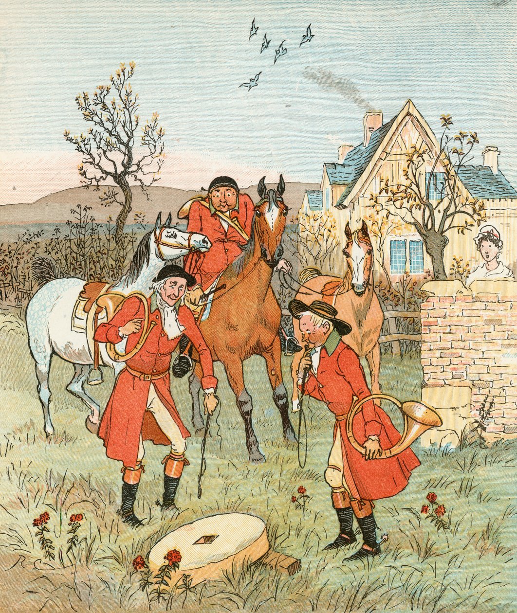 De jacht (kleurenlitho) door Randolph Caldecott