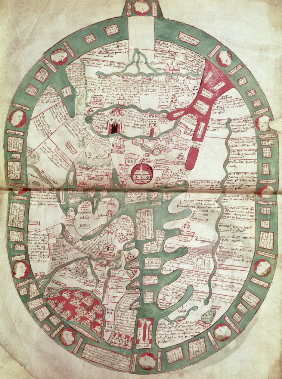 Kaart van de wereld met Jeruzalem als het centrum, Polychronicon, c.1380 door Ranulf Higden