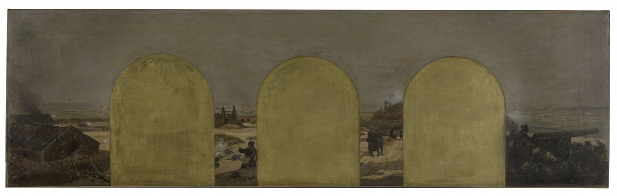 Schets voor het kabinet van de prefect van het stadhuis van Parijs: Een batterij bij de wallen: Het Beleg van Parijs in 1870 door Raoul Joseph Arus