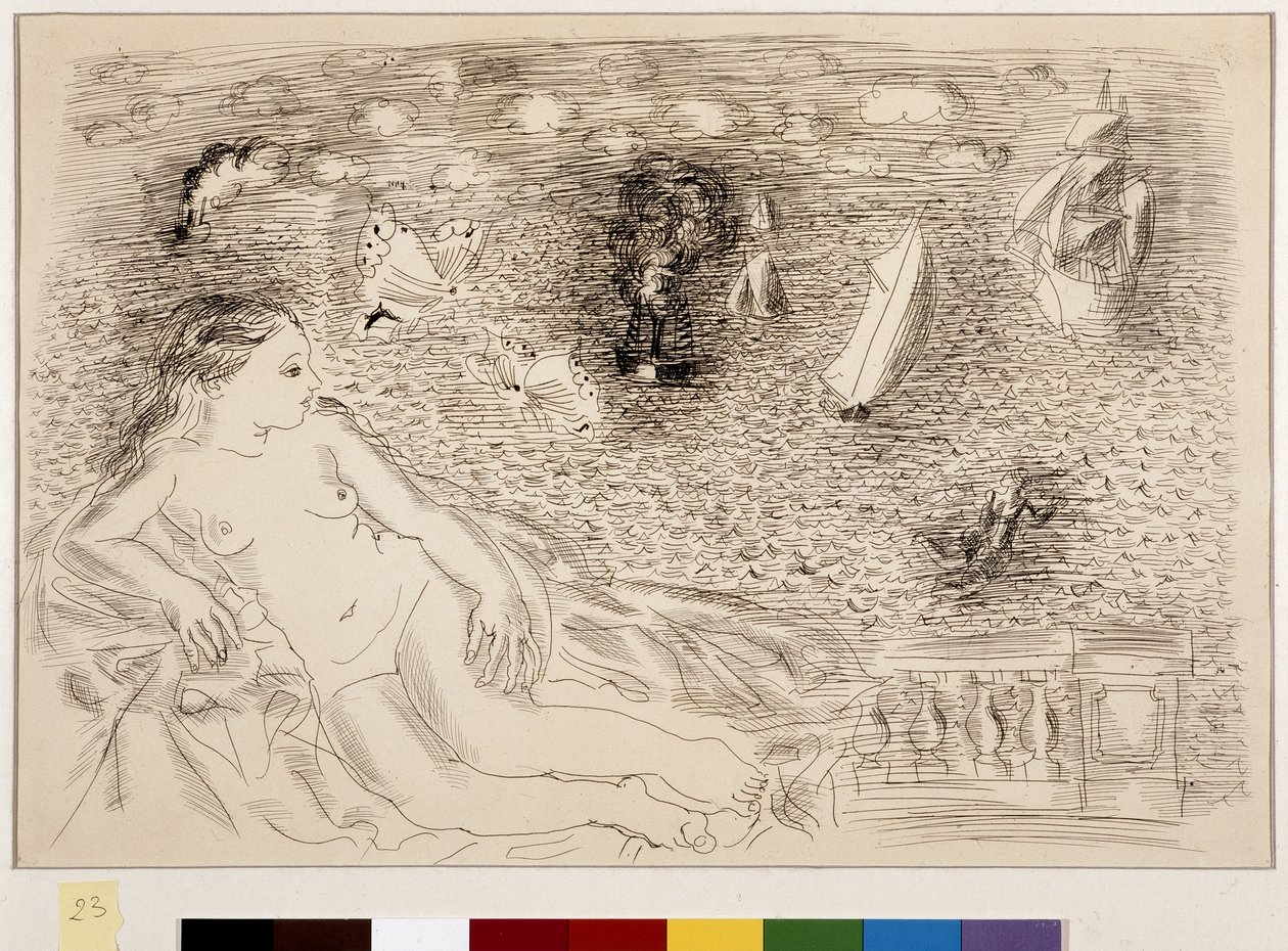 Femme nue devant la mer (olieverf op doek) door Raoul Dufy
