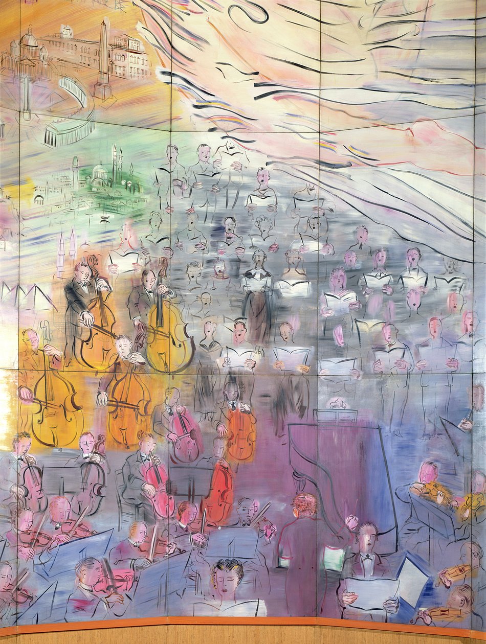 La Fee Electricite, detail van de linkerkant waarop een orkest staat afgebeeld door Raoul Dufy