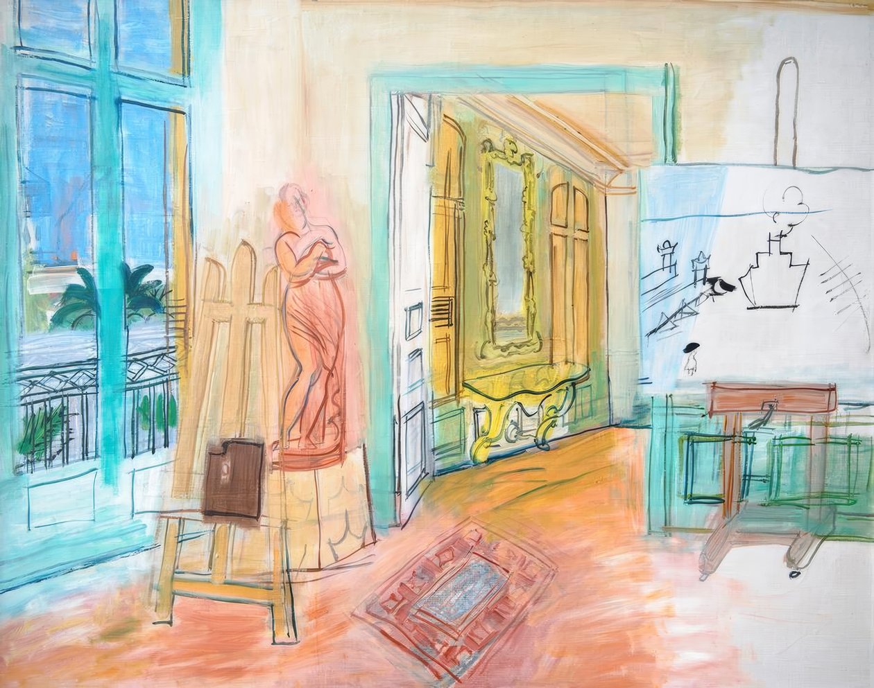 Het schildersatelier met rood beeldhouwwerk door Raoul Dufy