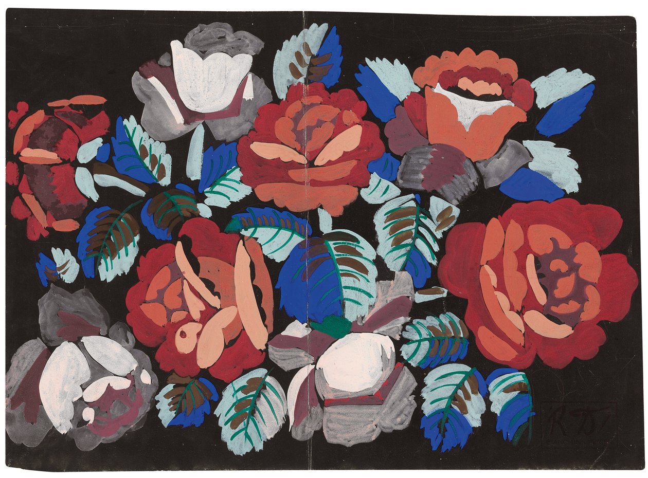 Rode en roze rozen (gouache op zwart gegrond papier) door Raoul Dufy