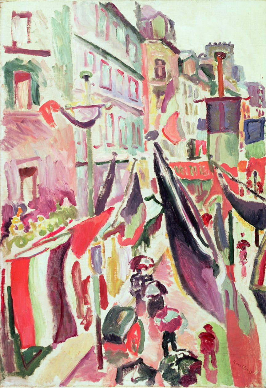 Straat versierd met vlaggen, Le Havre (olieverf op doek) door Raoul Dufy