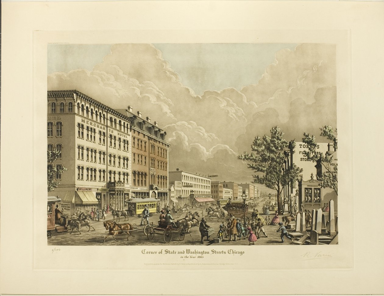 Hoek van State en Washington Streets, Chicago, in het jaar 1865 door Raoul Varin