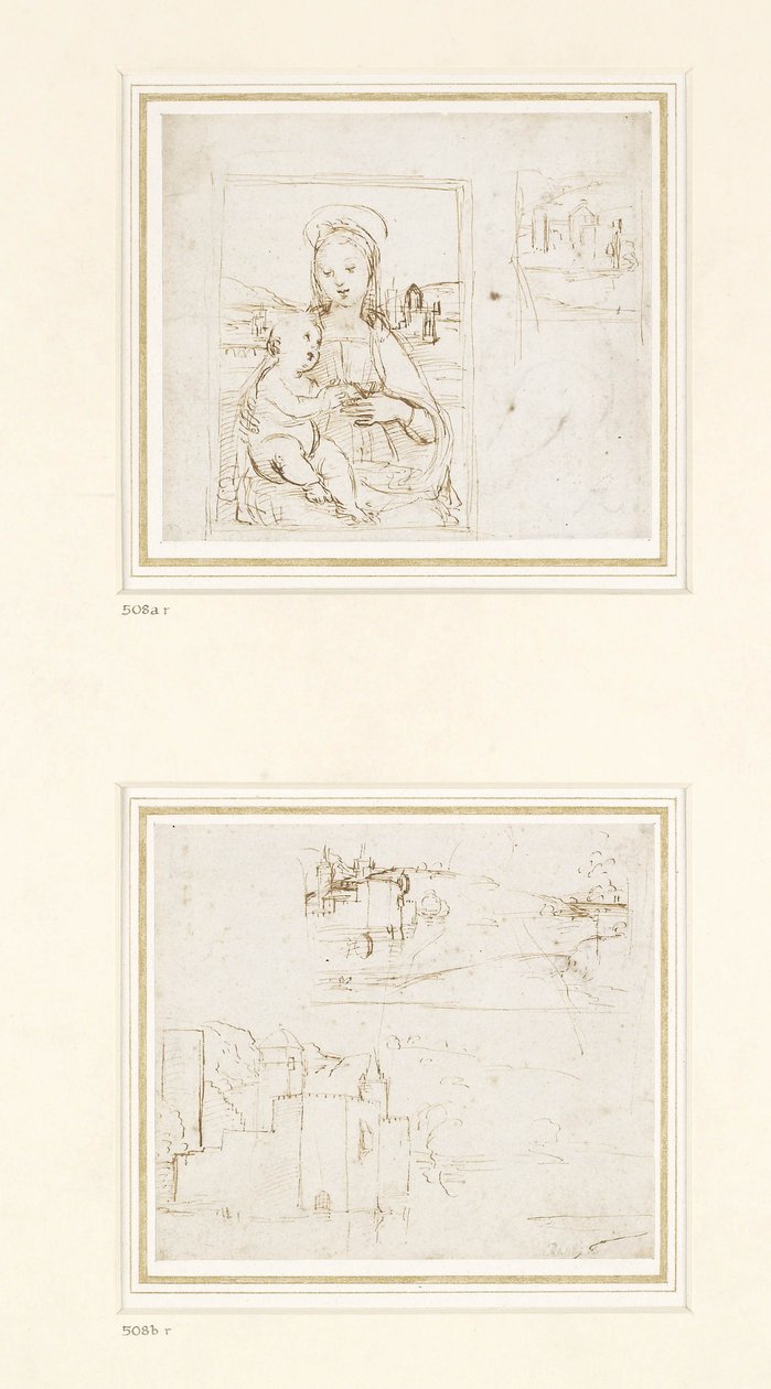Landschapsschets met een korte studie van het hoofd van de Maagd Maria naar links gedraaid, 1500-1504 (pen en bruine inkt over metaalpunt op wit papier) door Raffaello Sanzio Raphael