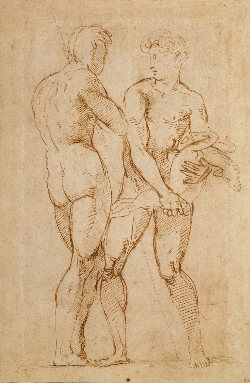 Twee Naakte Mannen Staand, een met een lam door Raffaello Sanzio Raphael