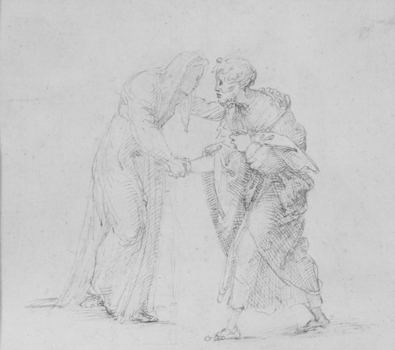Verso: Compositie van twee figuren die de ontmoeting van Joachim en Anna voorstellen door Raffaello Sanzio Raphael