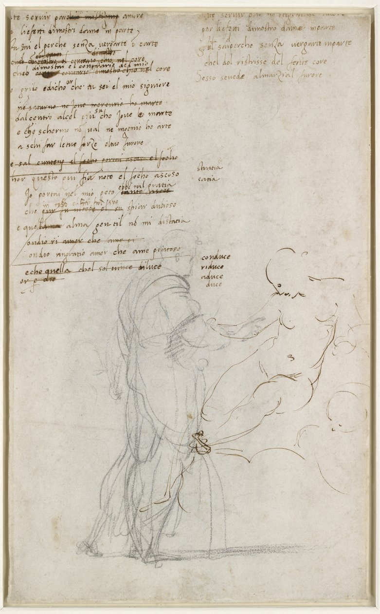 Verso: Figurenstudies en een concept sonnet door Raffaello Sanzio Raphael