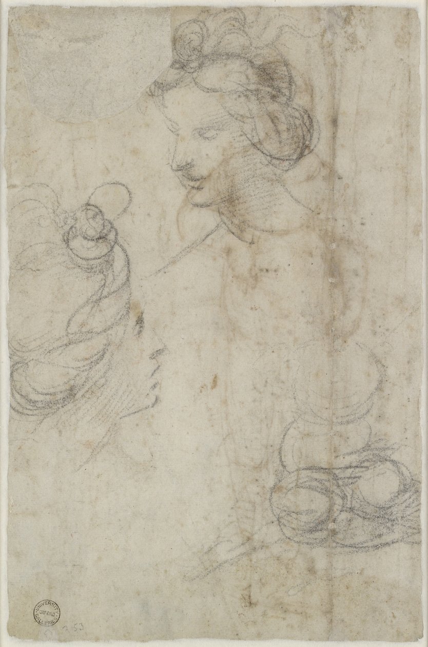 Verso: Twee vrouwelijke hoofden en een schets van een hurkende vrouw door Raffaello Sanzio Raphael