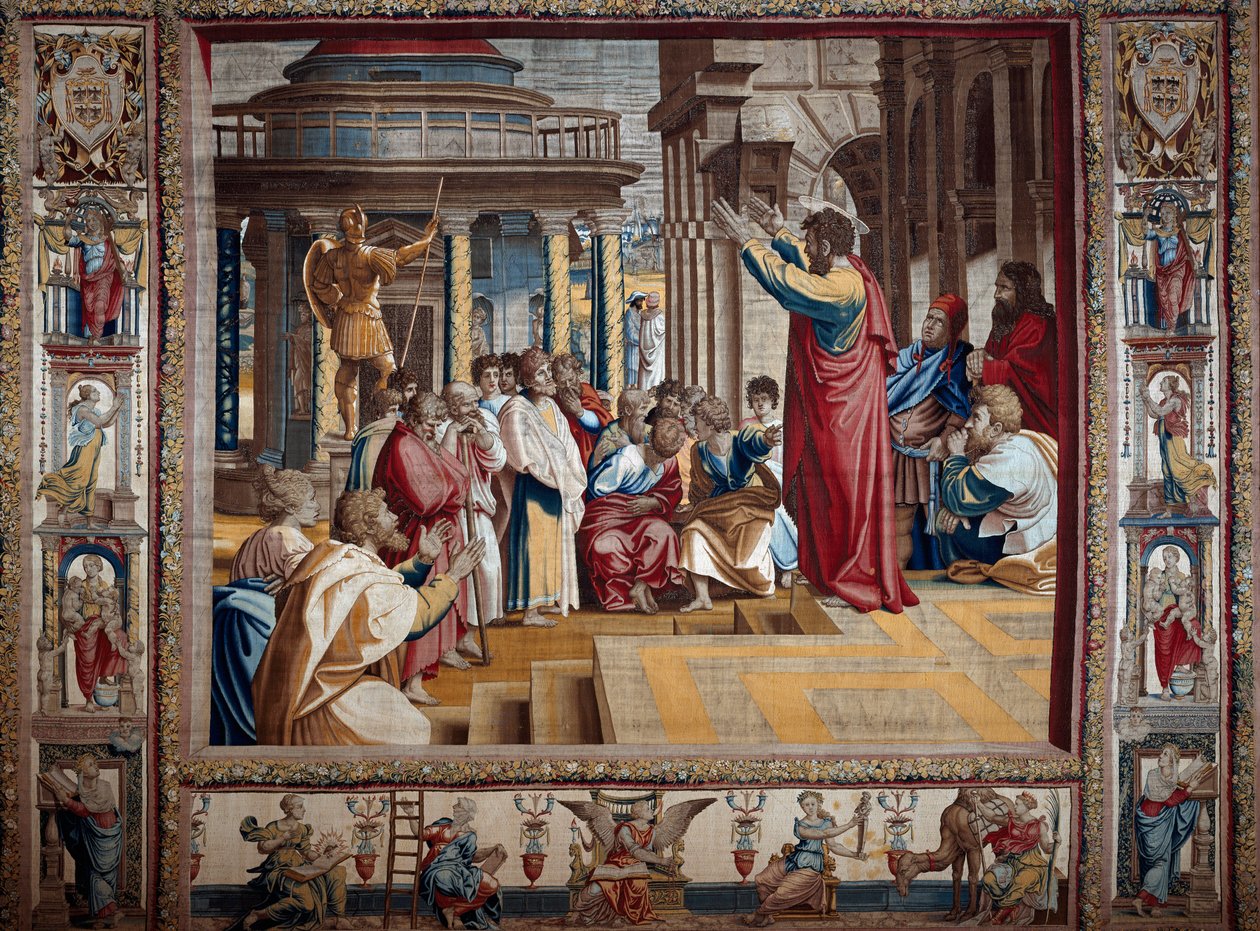 De apostel Paulus predikt in de Areopaag van Athene Wandtapijt naar schildering op karton door Raffaello Sanzio (Raphael) (1483-1520), begin 16e eeuw Mantua, hertogelijk paleis door after Raphael