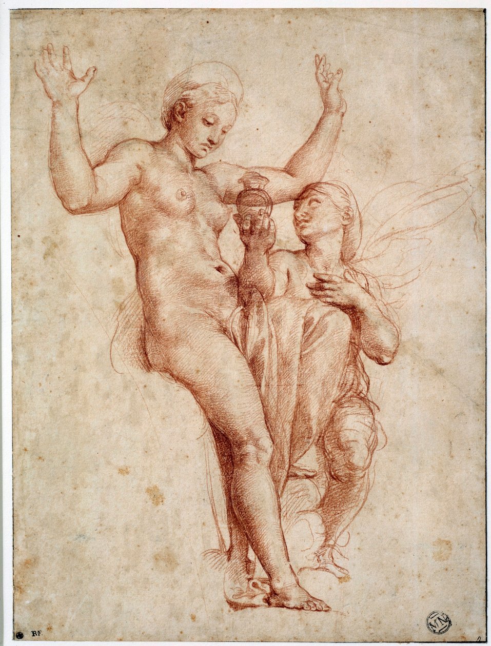Psyche presenteert aan Venus het water van de Styx. Tekening met rood krijt door Raffaello Sanzio, ook bekend als Raphael (1483-1520) door Raphael