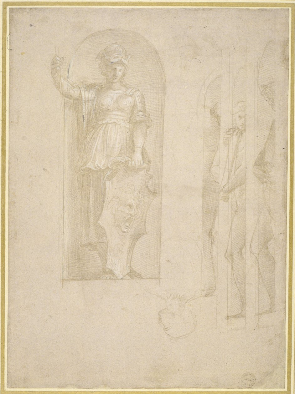 Studies voor een figuur van Minerva en andere beelden door Raphael