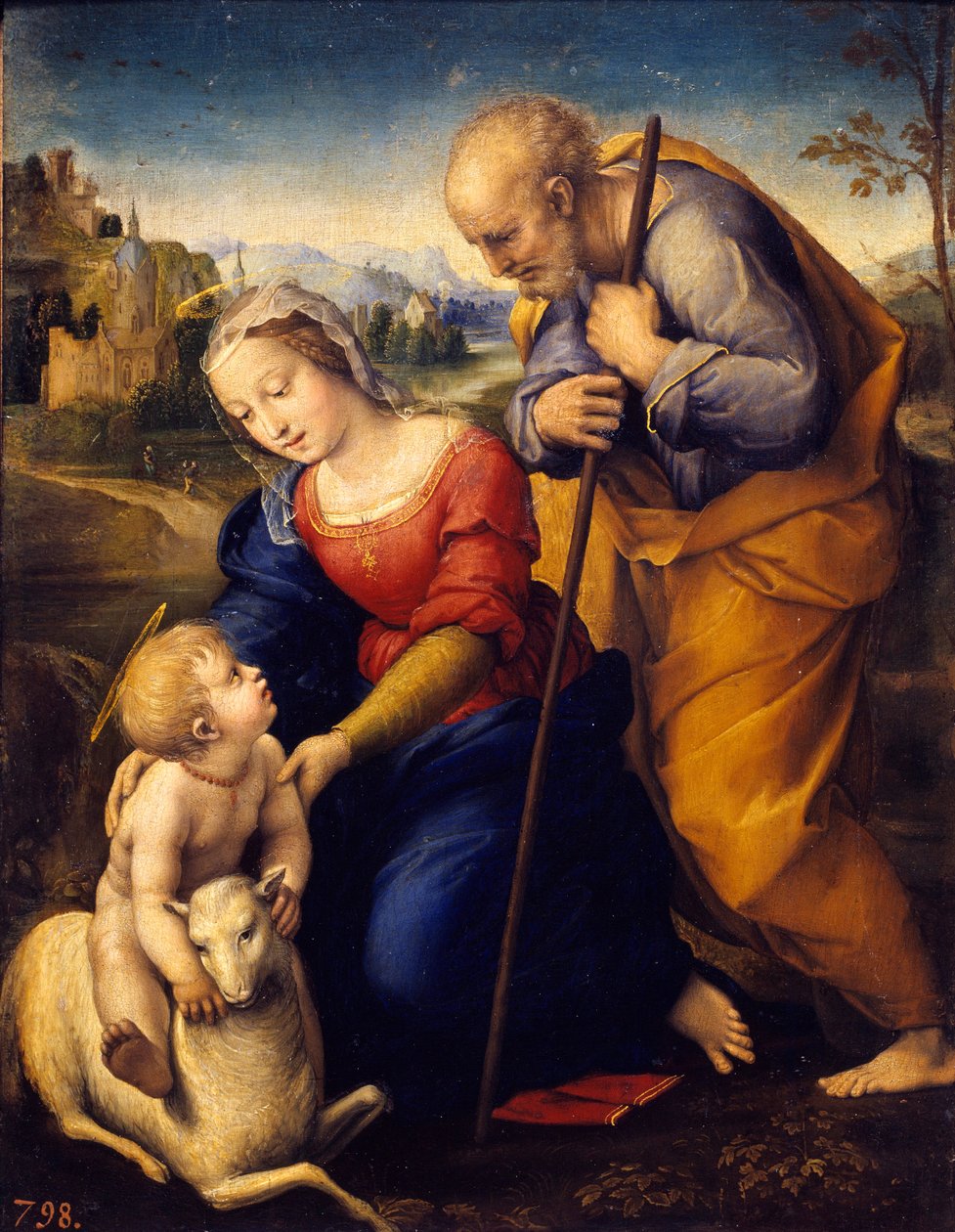 De heilige familie met het lam. Schilderij door Raffaello Sanzio, bekend als Raphael (1483-1520) door Raphael