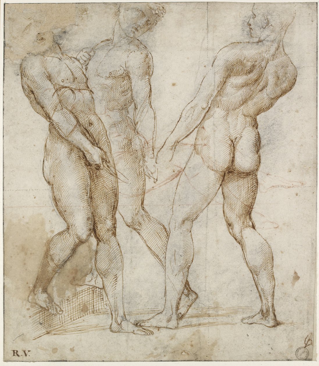 Drie naakte dragers (studie voor de Graflegging van Christus) (detail) door Raphael