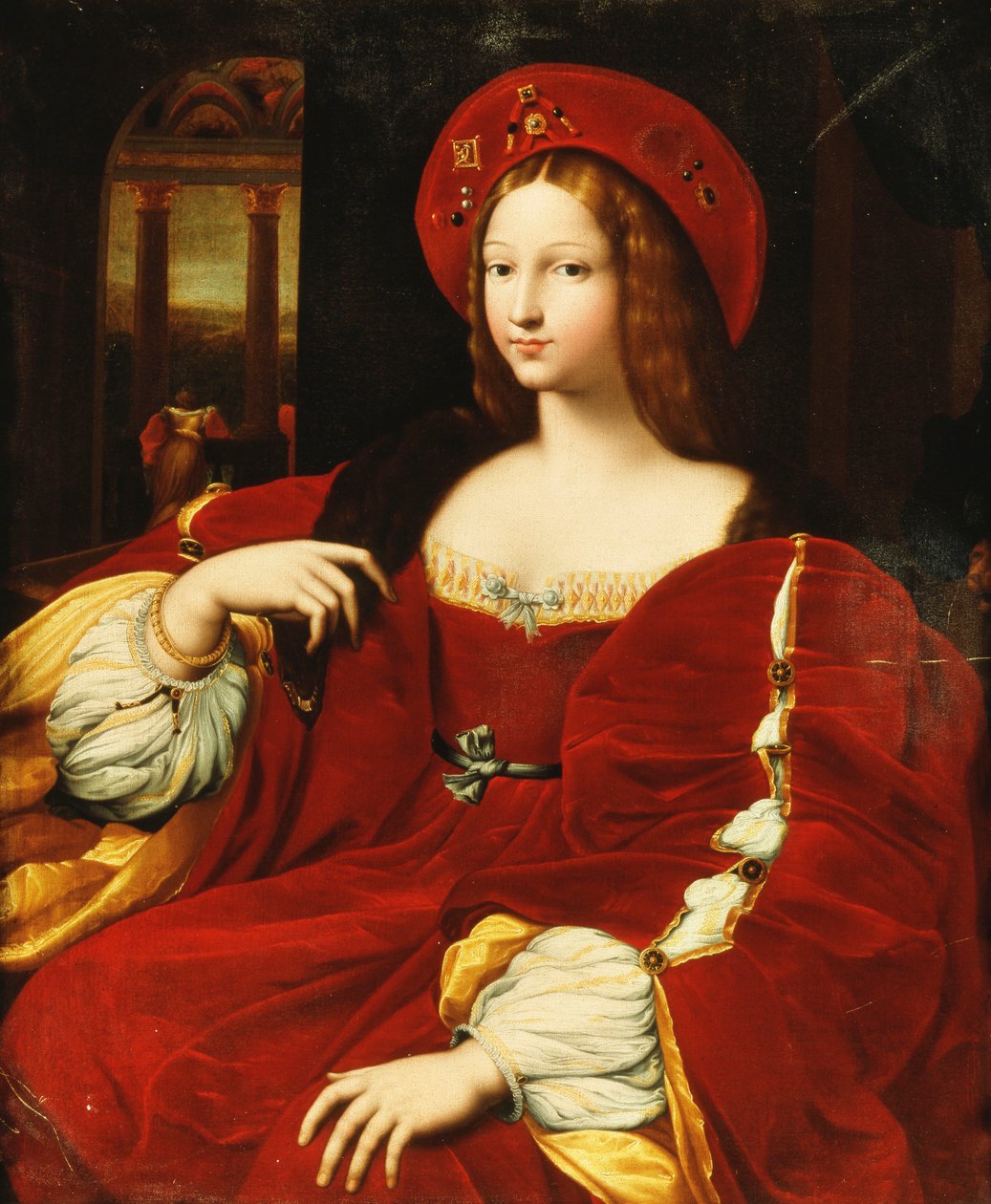 Portret van Giovanna van Aragon, zittend driekwart lengte, in haar kamer door Raphael