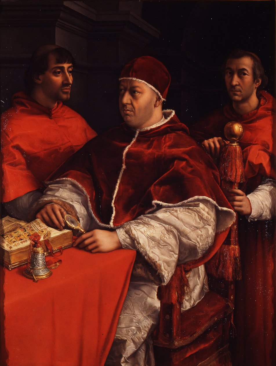Portret van Paus Leo X met kardinalen Giulio de Medici en Luigi de Rossi, ca. 1518 door Raffaello Sanzio Raphael