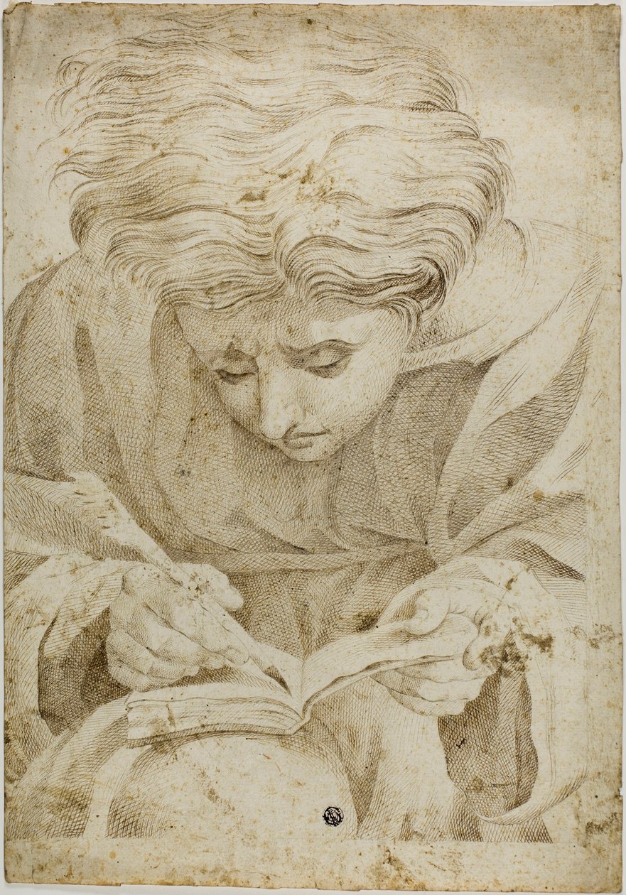 Zittende jongeling die in een boek schrijft door Raphael