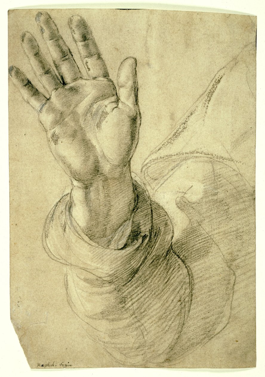 Opgeheven rechterhand, met handpalm naar buiten: studie voor Sint Petrus, 1518-20 door Raphael