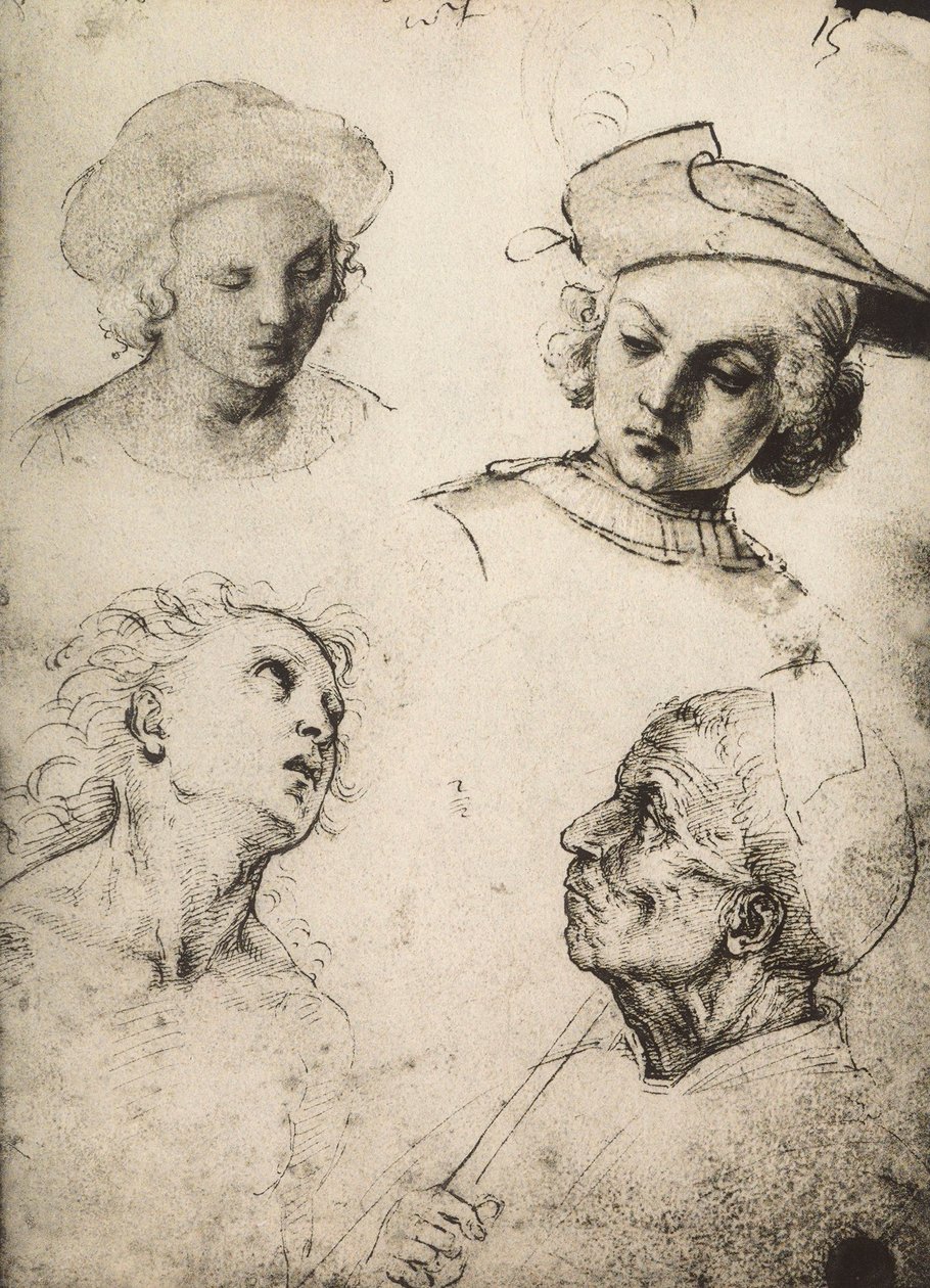 Studie van vier mannelijke gezichten door Raffaello Sanzio Raphael