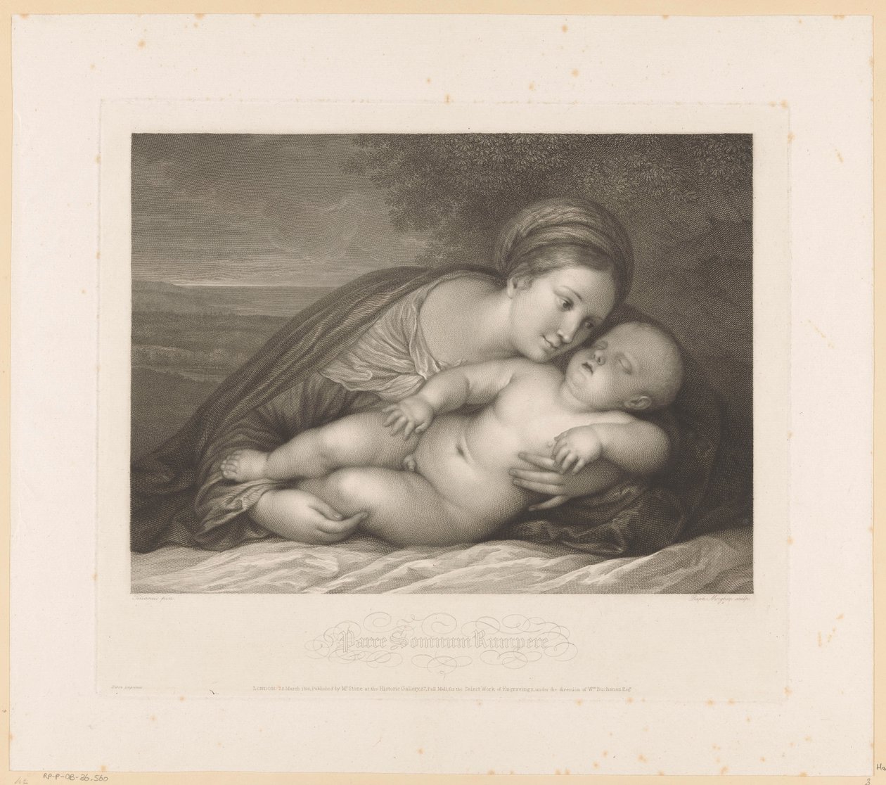Maria met slapend kind in landschap door Raphael Morghen