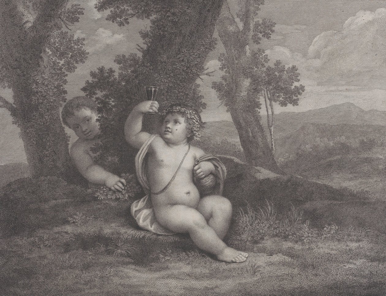 De jonge Bacchus zittend onder een boom, een wijnglas ophoudend, met een andere jonge achter hem, 1780 door Raphael Morghen
