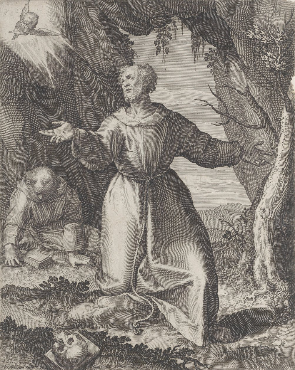 Sint Franciscus knielend met uitgestrekte armen, kijkend naar een cherub linksboven... door Raphael Sadeler