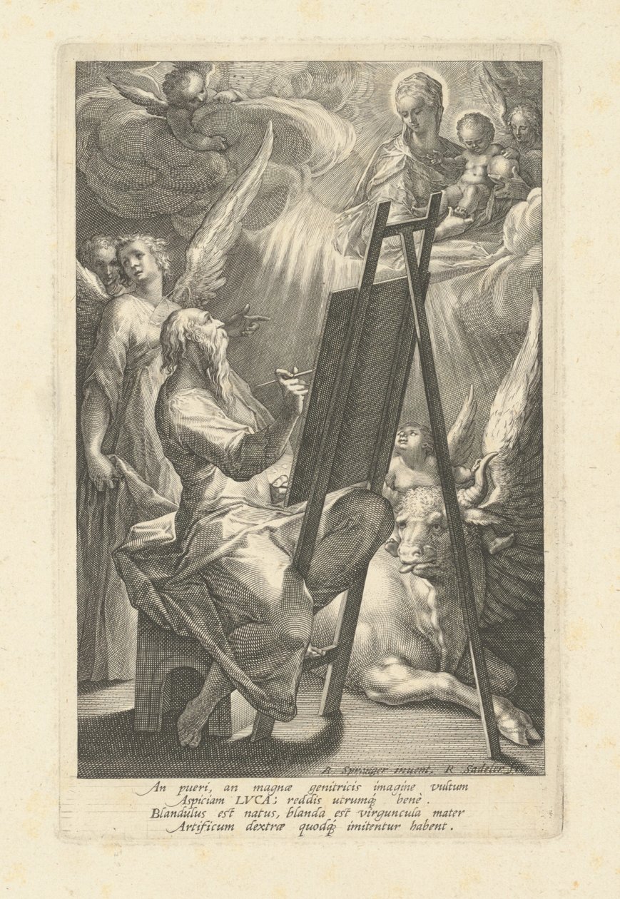 Sint Lucas schildert de Maagd door Raphael Sadeler I, after Bartholomaeus Spranger