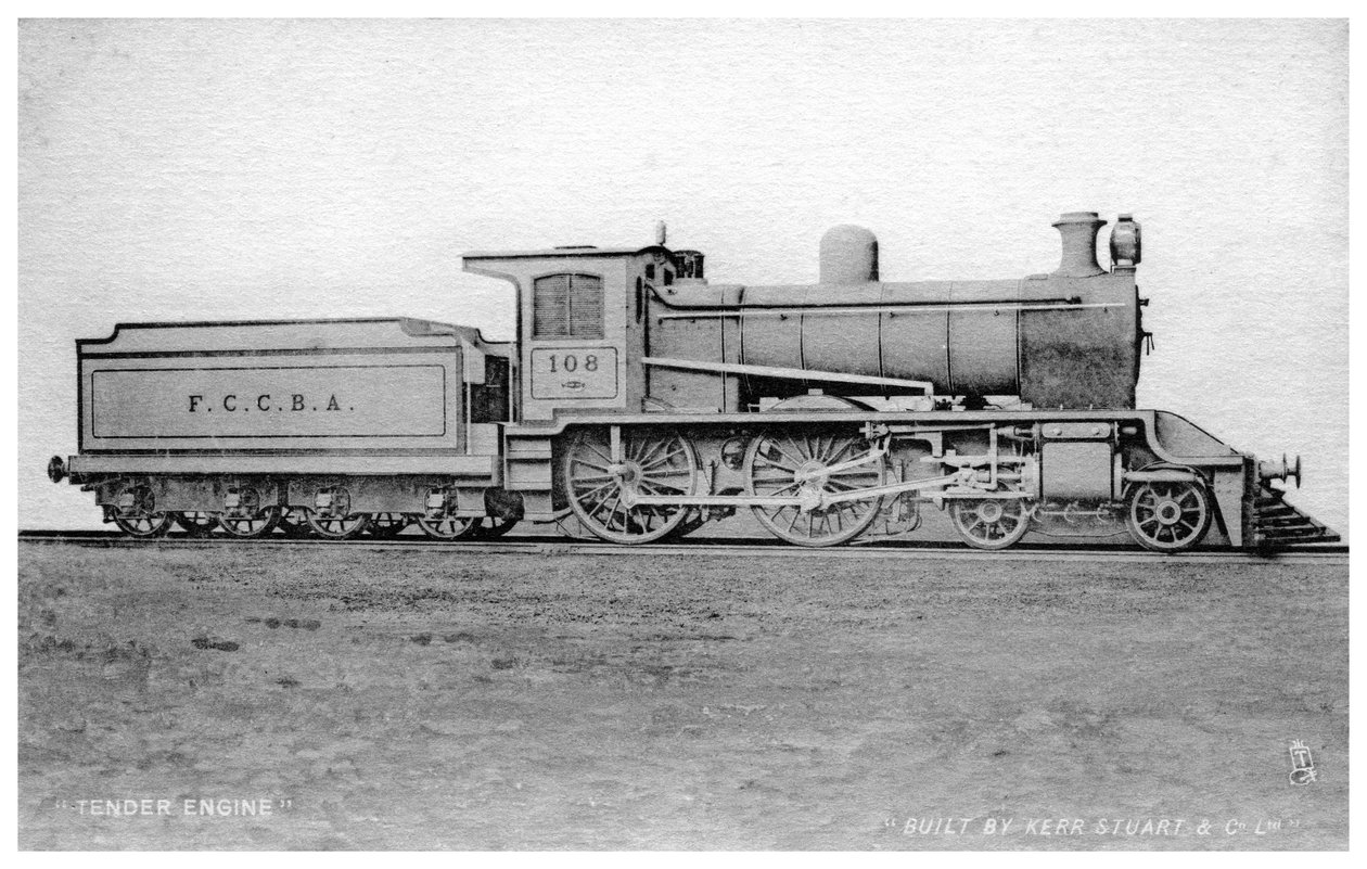 4-4-0 tender locomotief, stoomlocomotief gebouwd door Kerr, Stuart en Co, begin 20e eeuw door Raphael Tuck