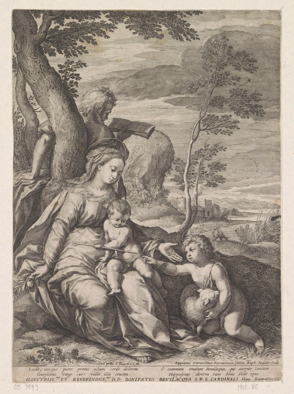 Heilige Familie bij een boom met Johannes de Doper als kind door Raphaël Sadeler (I)