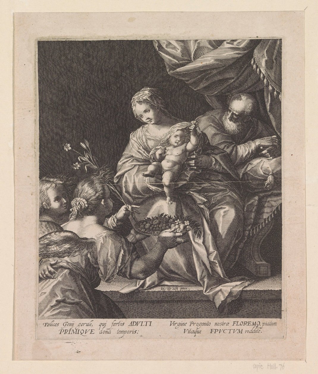 Heilige familie met twee engelen door Raphaël Sadeler (I)
