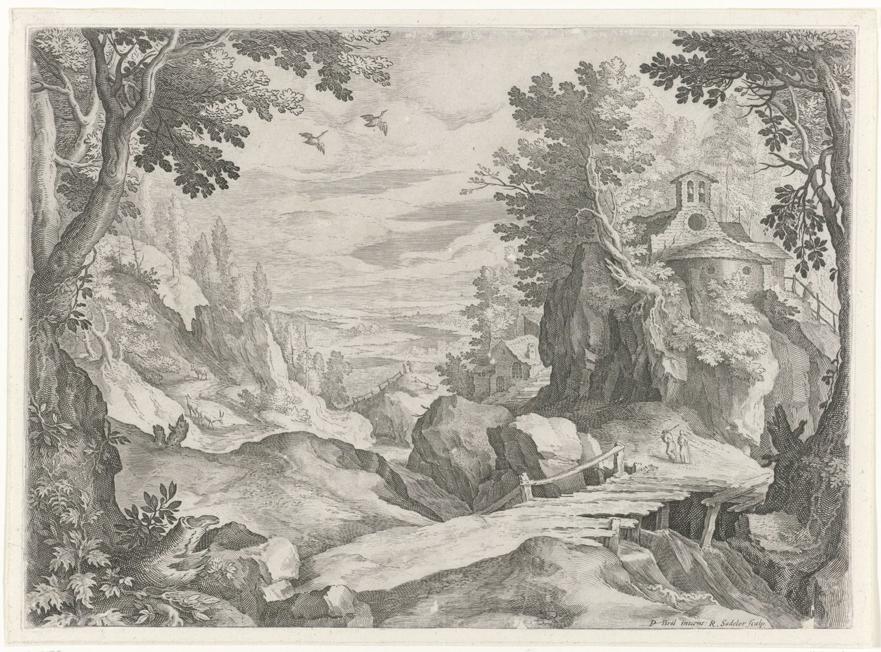 Landschap met een kapel door Raphaël Sadeler (I)