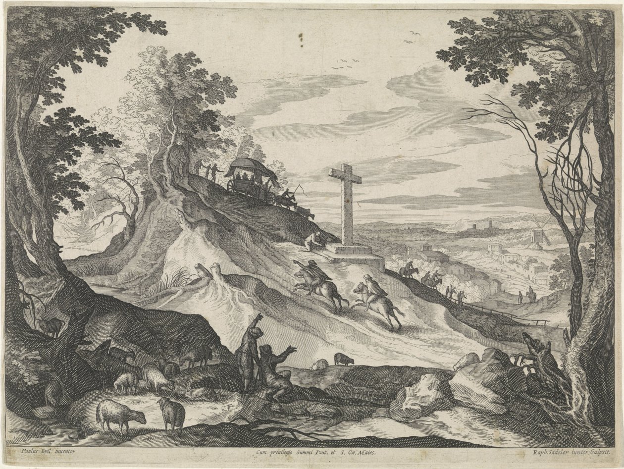 Landschap met een kruis op een heuvel door Raphaël Sadeler (II)