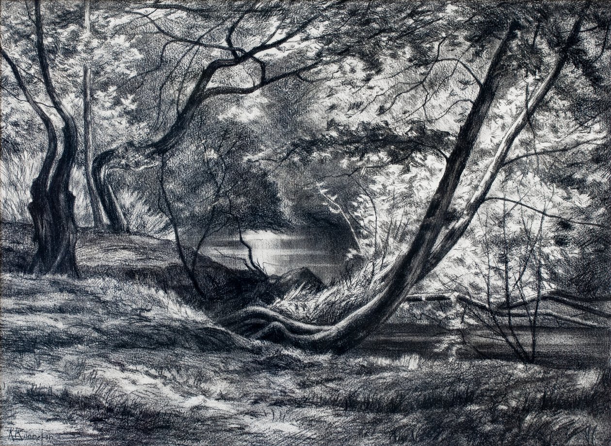 Onderhout met rivier (houtskool) door Raymond Bonnefon