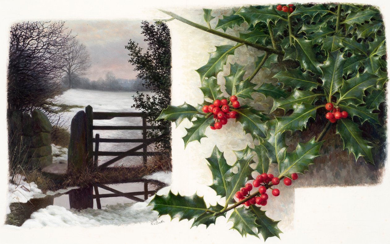Midwinterdooi met hulst (31) (olieverf op papier) door Raymond Booth