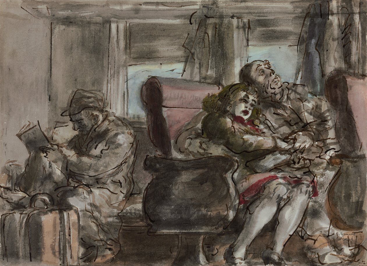 Passagiers in een treinwagon (aquarel, inkt en potlood op papier) door Reginald Marsh