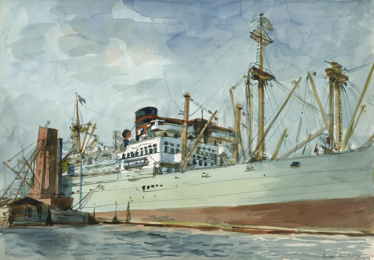 Stoomvrachtschip en sleepboot door Reginald Marsh