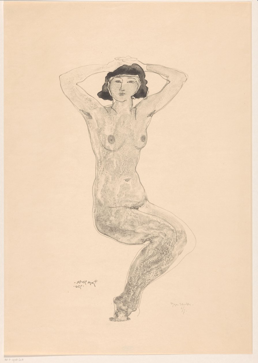 Zittende naakte vrouw met handen op het hoofd door Reijer Stolk (signed by artist)