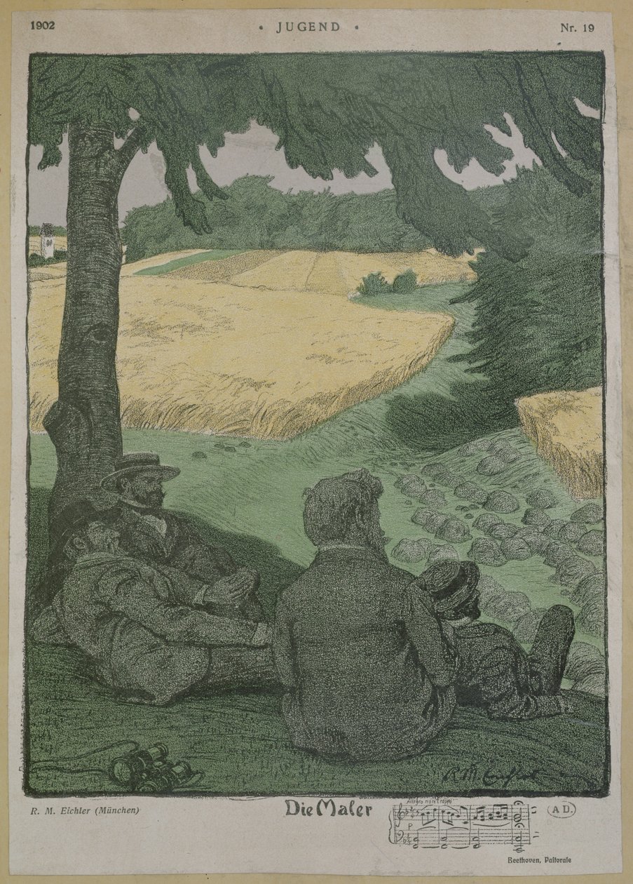 Schilders die de natuur observeren, illustratie uit 