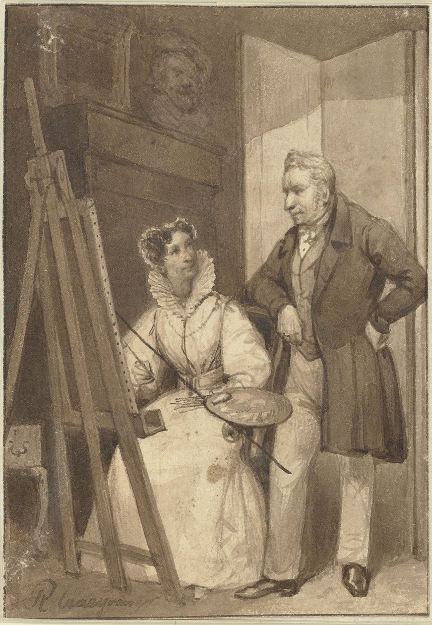 Portret van Wilhelmina Frederica Sophia van Pruisen, prinses van Oranje-Nassau, met haar man koning Willem I door Reinier Craeyvanger