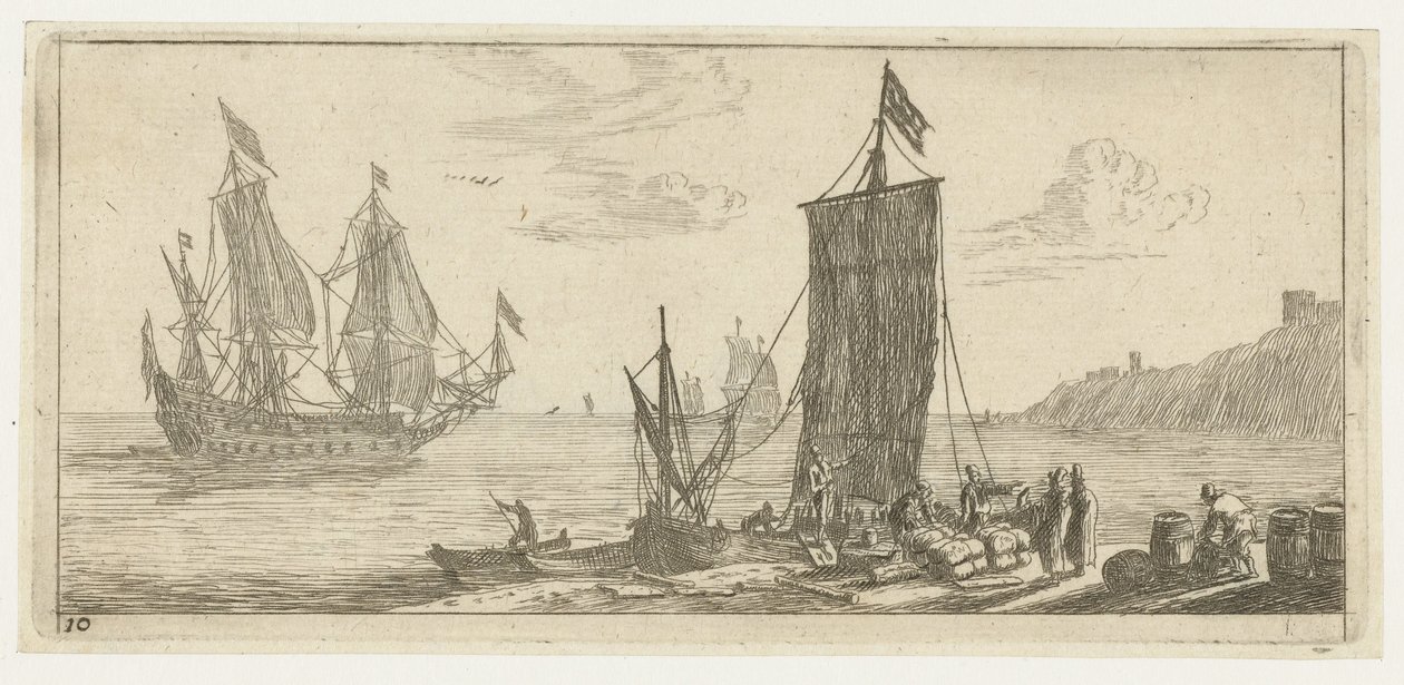 Baai met een hoeker en een oorlogsschip door Reinier Nooms