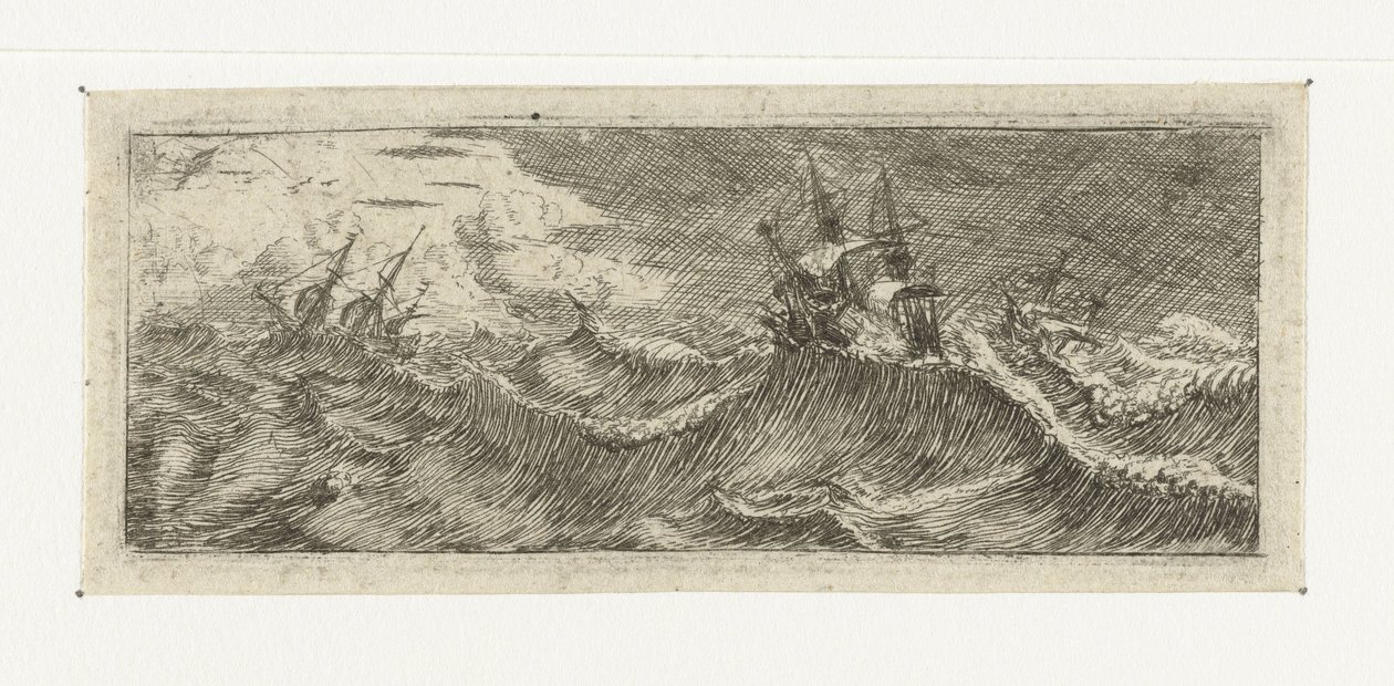 Klein zeegezicht met schepen in een storm door Reinier Nooms