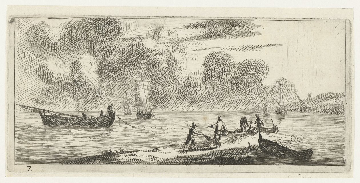 Kustlijn met mannen vissend in ondiep water door Reinier Nooms