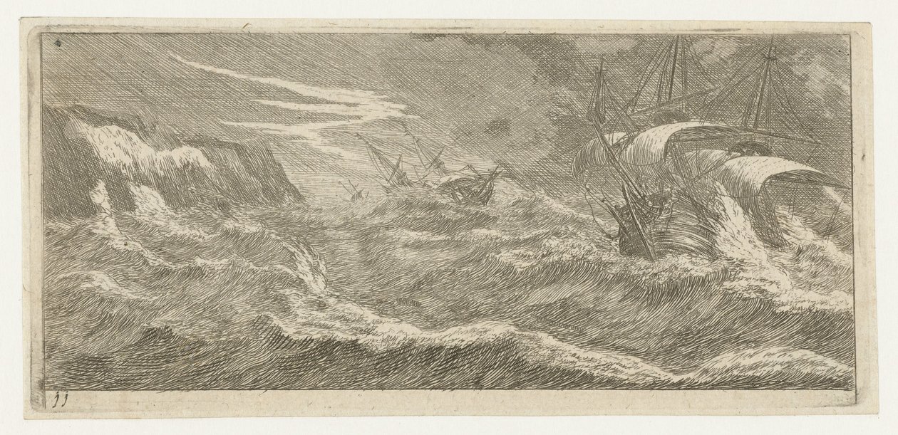 Zeilschepen in een zeestorm door Reinier Nooms