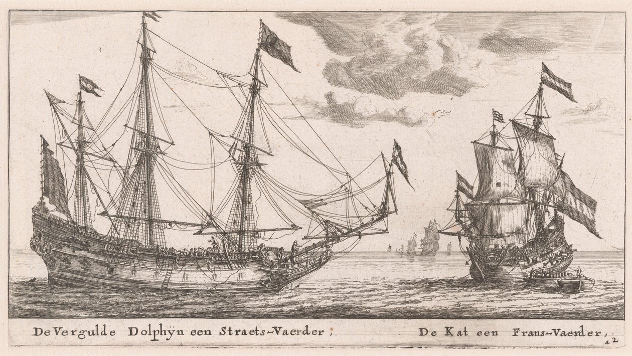 De "Vergulde Dolphyn," een groot koopvaardijschip, en de "Kat," een fluit door Reinier Nooms, called Zeeman