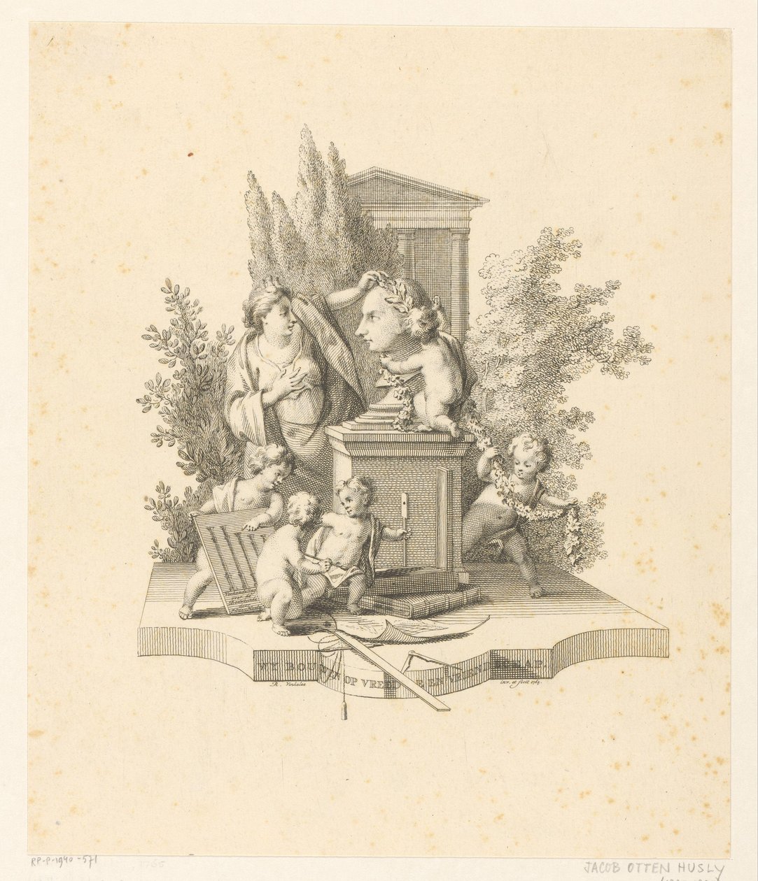 Allegorische voorstelling met een buste van Jacob Otten Huslij door Reinier Vinkeles (I)