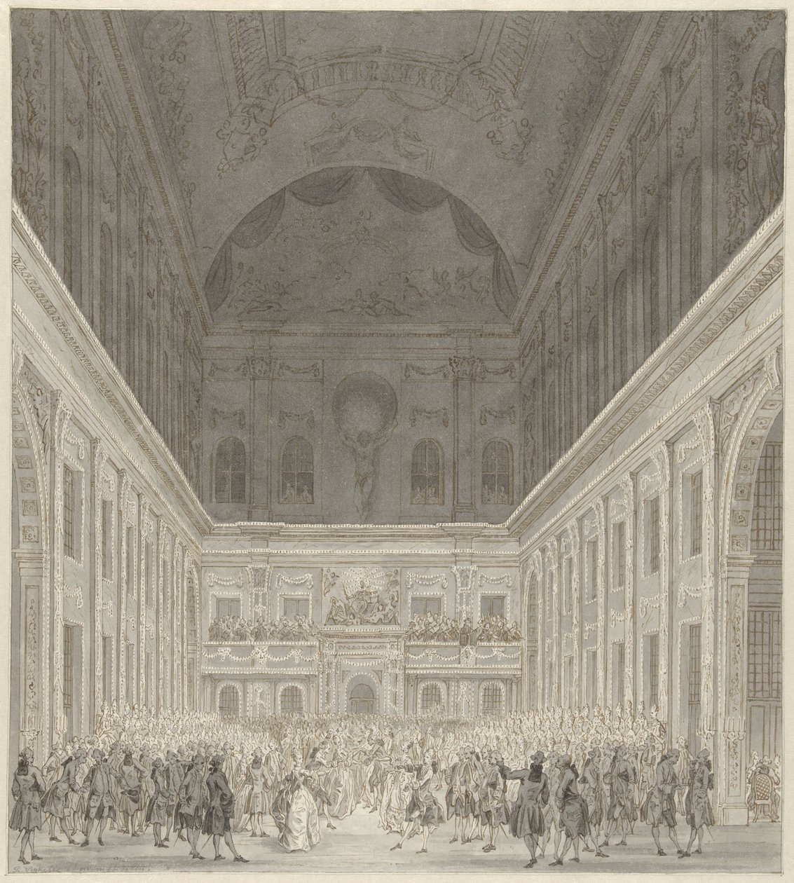 Bal in de Burgerzaal van het Stadhuis van Amsterdam ter ere van het bezoek van Prins Willem V en Wilhelmina van Pruisen, juni 1768 door Reinier Vinkeles (I)