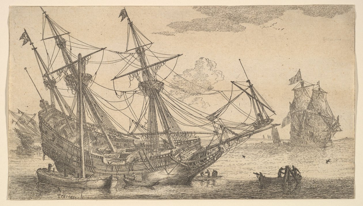 Een koopvaardijschip gekield voor het breeuwen van de romp door Reinier Zeeman